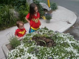 Children in WonderWomen shirts gaze at vandalized planter box.