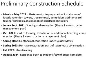 Preliminary construction schedule for Spadina-Sussex residence. Work will take place in several stages, starting with facade stabilization at 698 Spadina, followed by excavation and shoring, forming and finally envelope installation. Work is expected to be complete by fall 2024.