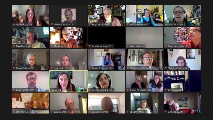 The image shows a screenshot of the HVRA's Spring 2021 Meeting, which was held virtually via Zoom. Several small images of attendees are shown, and the MPP for University-Rosedale, Jessica Bell, is seen speaking to attendees.